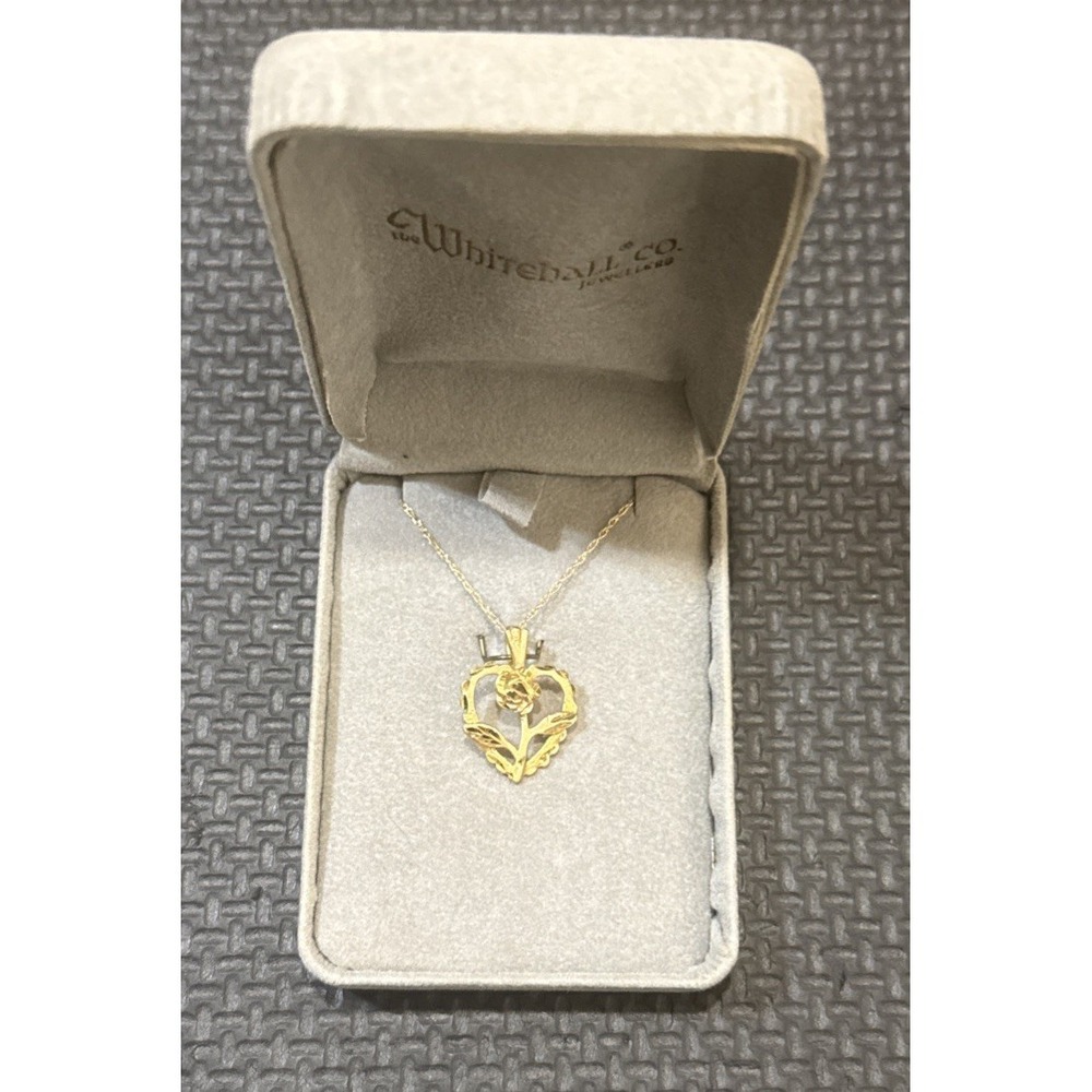 14k Gold Rose In Heart Pendant With 14k Gold Link Chain Necklace 2.00g